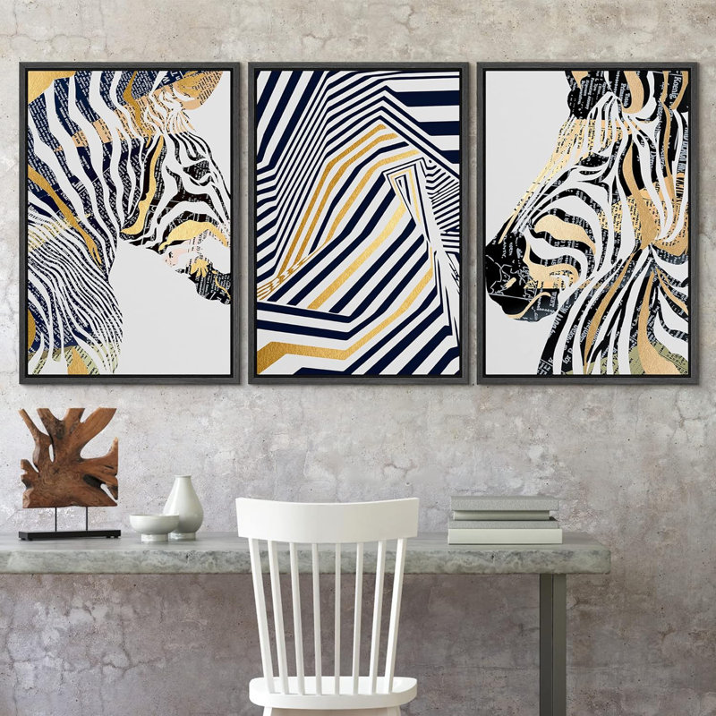 Style géométrique, jungle, zèbre, animaux, bandes dessinées, art moderne, portrait sauvage rustique, 3 pièces