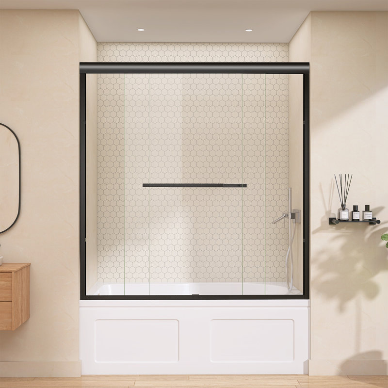 56" - 60'' W X 62'' H Double Sliding Tub Door Semi-frameless Matte Black Shower Screen Bypass Aluminum Alcove Door with Clear Tempered Glass
