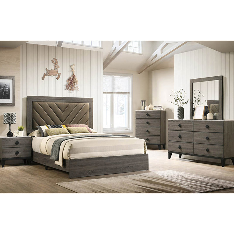 Grand lit en chêne foncé foncé avec des vibrations rustiques, recouvert de tissu, assemblage requis en chêne, revêtement, requis