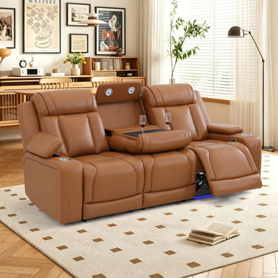 Canapé inclinable électrique en cuir de 216 cm de large avec accoudoirs de rangement, ports USB et Type-C, haut-parleur Bluetooth intégré et système audio, station de recharge sans fil