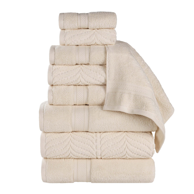 Aneira Chevron Zero Twist Solid and Jacquard Cotton 9 Piece Bathroom Towel Set, Ivory