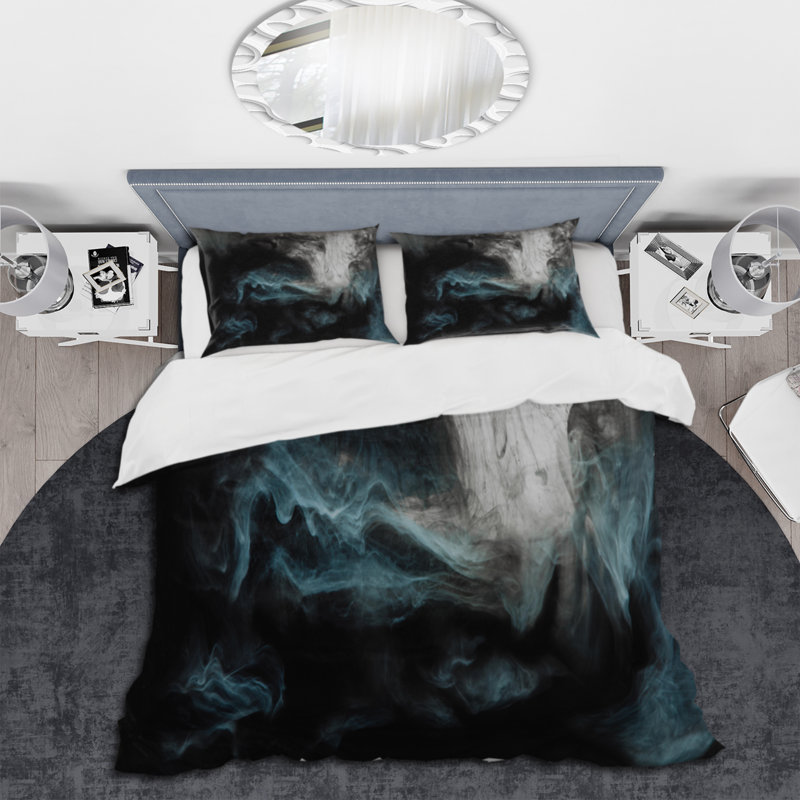 Cloudscape gris clair avec touche de turquoise II - ensemble de housse de couette moderne - microfibre de polyester
