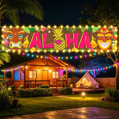 Lighted Tiki Bar Banner Sign, Tropical Luau Aloha Hanging Backdrop Decor For Summer Hawaii Beach Moana Birthday Outdoor Party Supplies