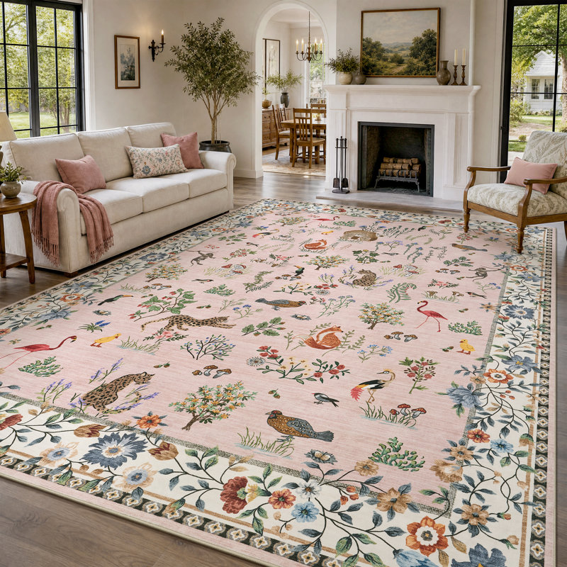 Tapis lavable antidérapant à motifs animaux et végétaux, Rose, Rectangle 5 pi x 7 pi