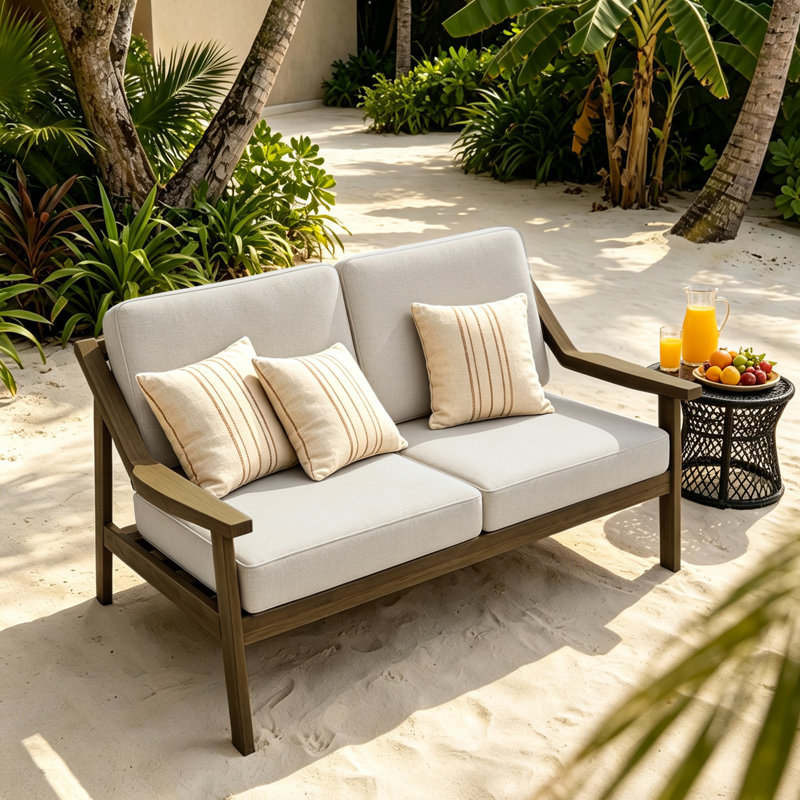 Causeuse d'extérieur en bois de teck avec coussin et accoudoirs Marlo, Chameau clair, Brun