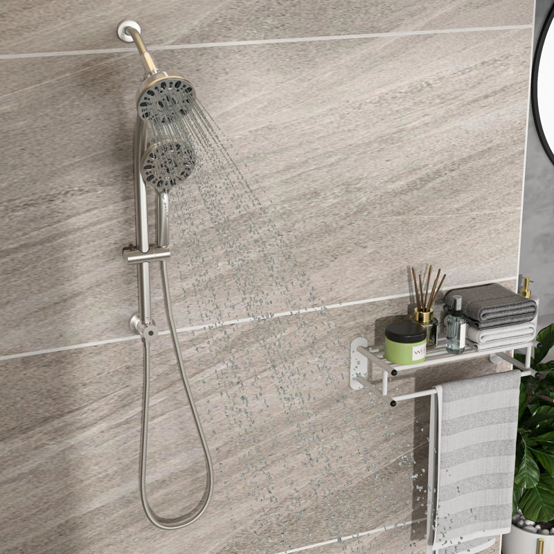 Brushed Nickel Shower System: 4.7" Rain Showerhead, 7 Hand Shower, Adjustable Bar & Arm Multi With Showerhead Slide