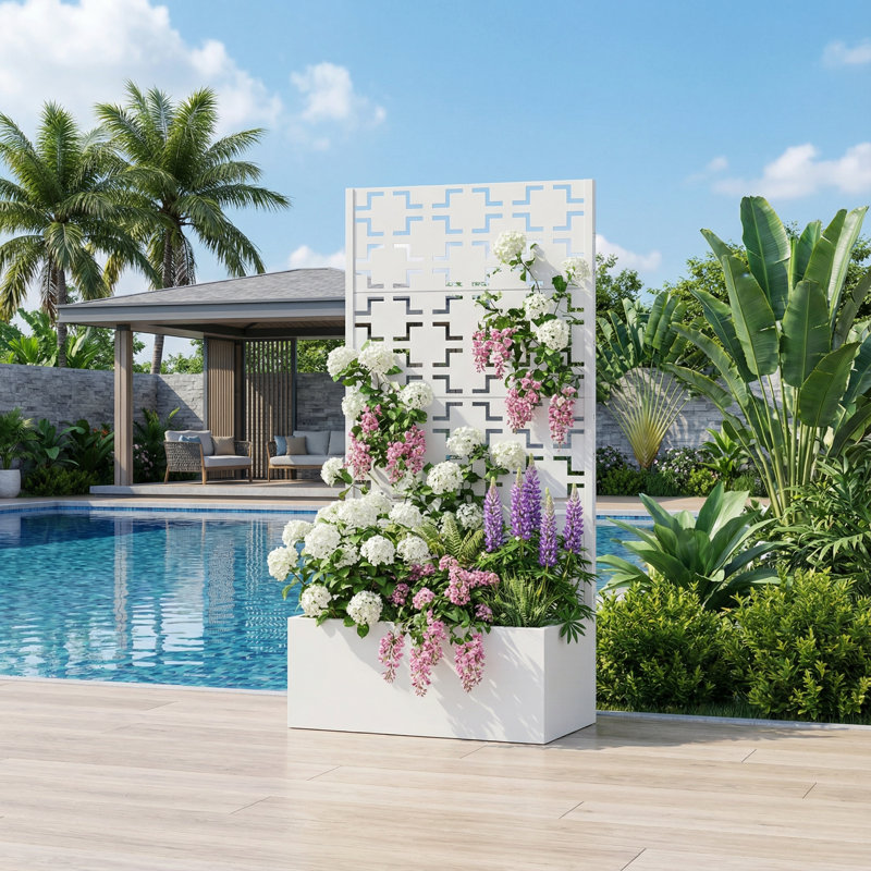 Metal Planter Box with Trellis, white