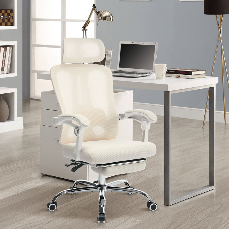 Ergonomic Mesh Gaming & Office Chair - High Back, Adjustable Headrest & Lumbar Support, Retractable Footrest, 3D Armrests, Wide Swivel Desk Chair with Wheels, Beige