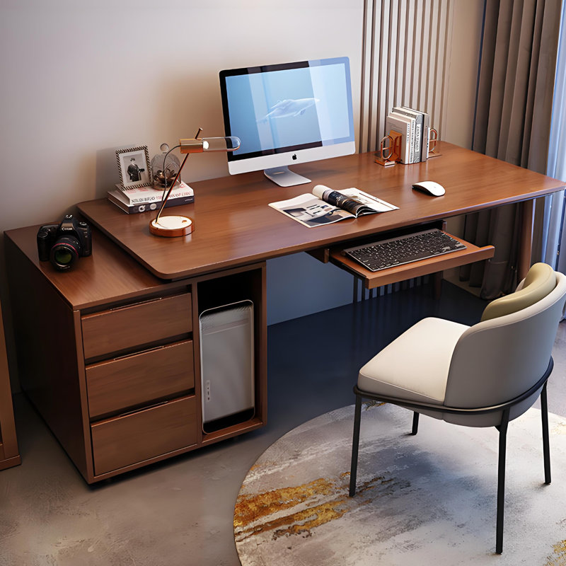 Bureau moderne en bois massif brun minimaliste, bureau à domicile extensible avec armoire latérale