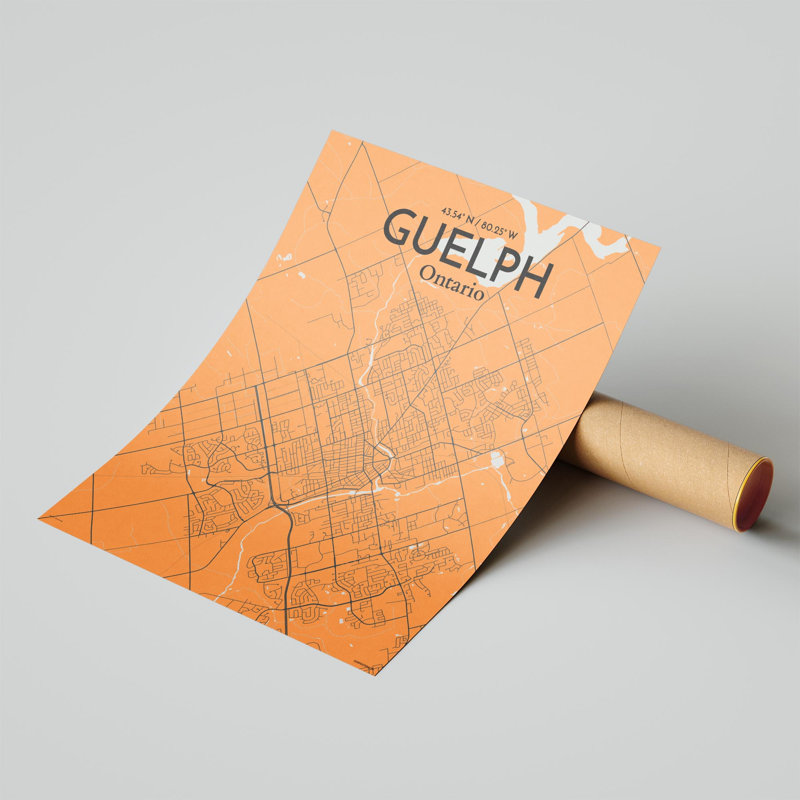 Guelph City Map, impression, H 20 po x l 16 po, Orange / gris