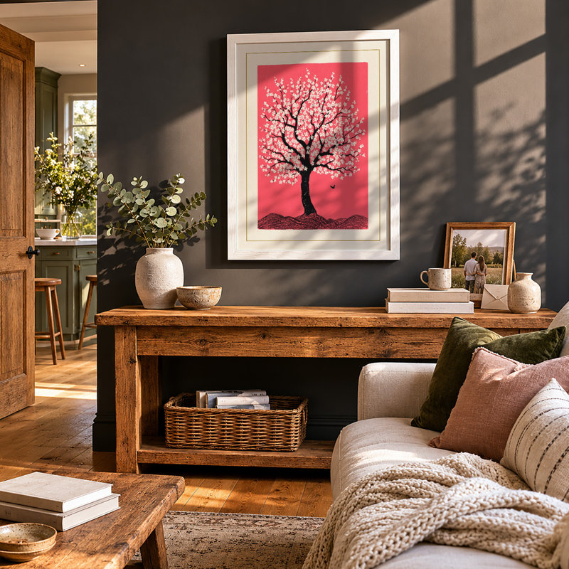 Blossom Tree and Bird Botanical - Framed Print, A1 - 84.1 x 59.4 cm, White