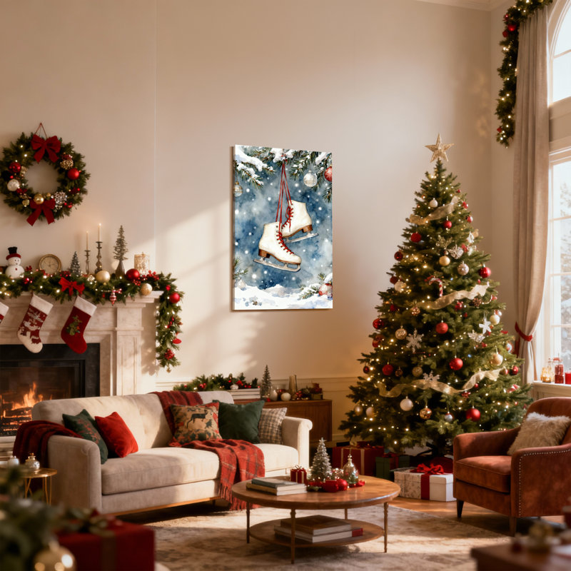 Patins à glace de Noël suspendus à des branches de pin, ensemble de 3 impressions sur toile, H 18 po x l 12 po