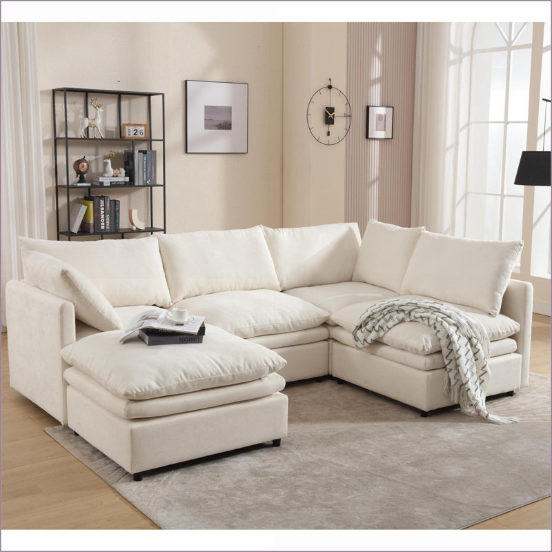 Canapé modulaire, canapé-lit moderne en U à 5 places avec méridienne pour le salon, polyester | Beige | Bois, Polyester beige