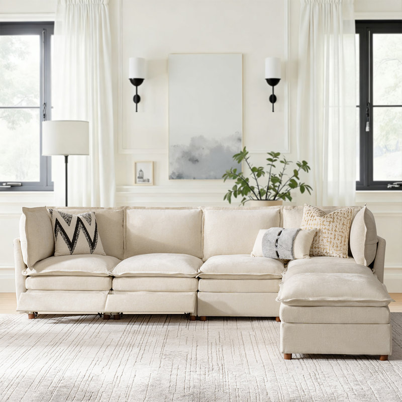 Canapé modulaire surdimensionné à double couche avec rangement et pédale extensible Cashin, Polyester beige