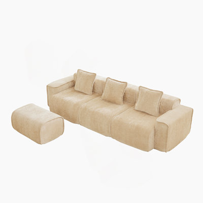 Streamlined Design Modular 3 Seat L Shape Sectional Boneless Sofa With French Edge Piping, No Assembly Required, 3-Seat Sofa Couch With Throw Pillows And 1 Movable Ottoman, Velvet Fabric Red