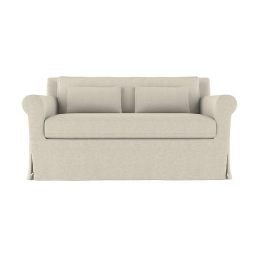 Ludlow Rolled-Arm Skirted Loveseat, 34" H x 60" W x 38" D, Box Weave Linen Blue Print, Weathered
