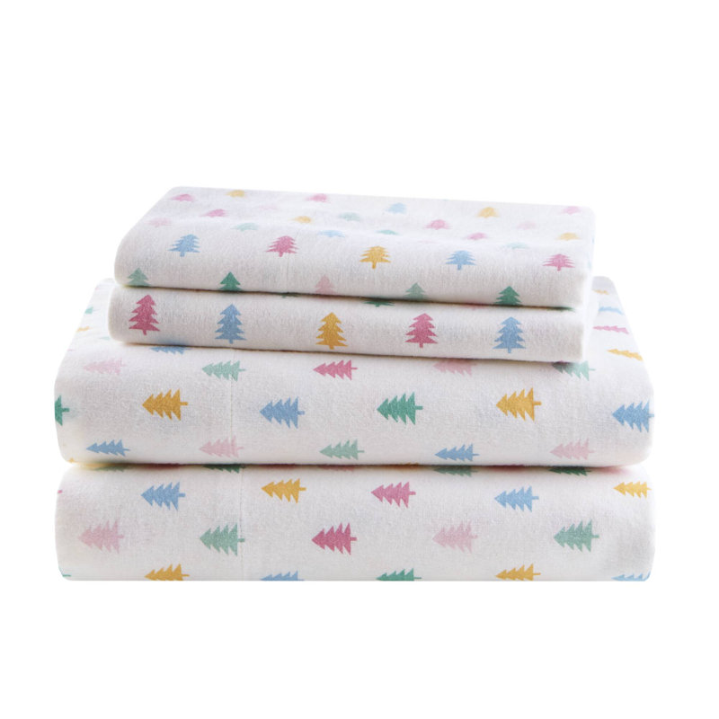 Ensemble de draps 4 pièces 100% coton et flanelle, Ensemble de draps pour grand lit, Imprimé à la planche multicolore