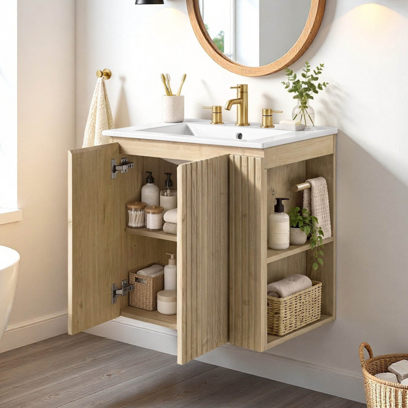 Meuble-lavabo mural simple flottant 24 po avec lavabo en céramique et rangement latéral ouvert 24 po