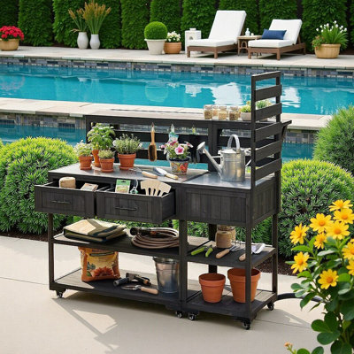 Îlot de cuisine en bois massif avec tablette surélevée à 2 tiroirs en acier inoxydable pour barbecue