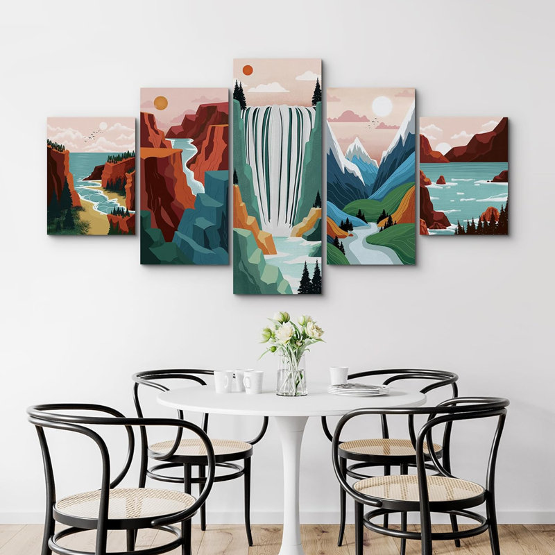 «Vibrant Waterfall Sun Mountain Nature Landscape Colorful Extra Large Canvas», reproduction d'art sur toile 5 pièces