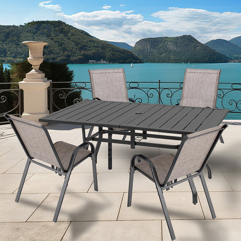  5-piece Metal Patio Dining Set With Rectangular Table And Stackable PVC-coated polyester Chairs For Lawn, Poolside, Garden, Backyard, Brown