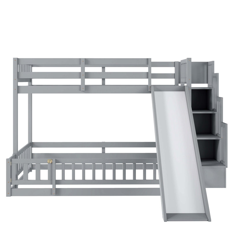 Lit simple superposé au dessus d'un lit double avec escalier de rangement et glissière, lit en bois de pin massif avec garde-corps, gris
