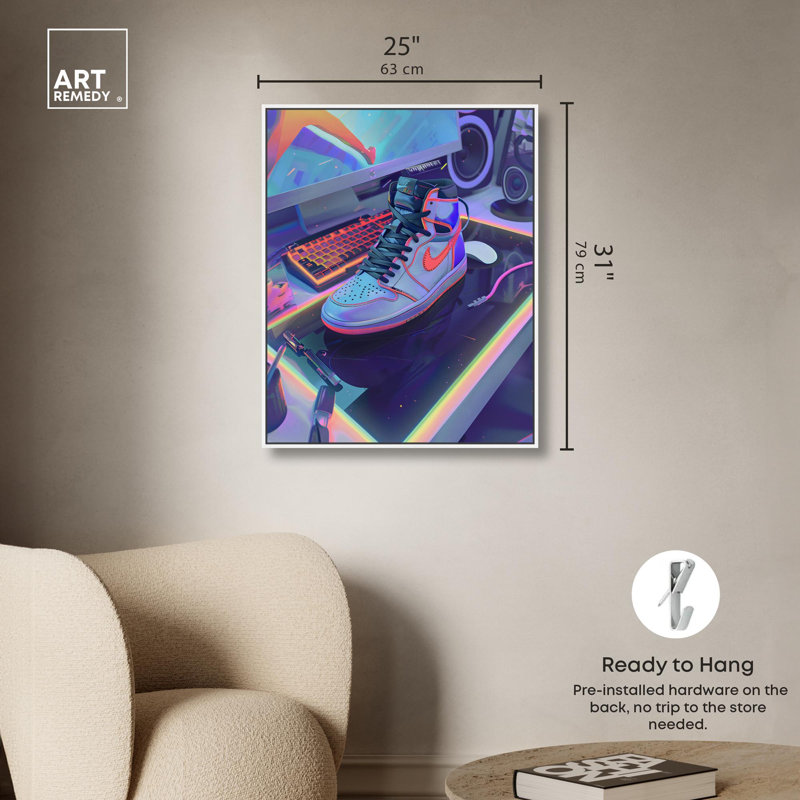 Art sur toile PC Sneaker, H 31 po x l 25 po x P 1,8 po, Cadre flottant blanc