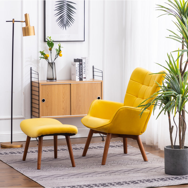 Battistina Velvet Armchair with Ottoman, Yellow