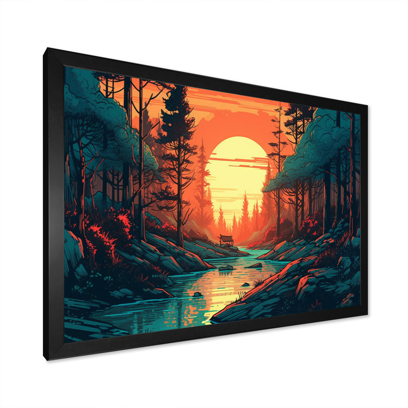 Beautiful Sun Setting Over Trees III " Beautiful Sun Setting Over Trees III ", Black Picture Framed, 12" H x 20" W x 1" D