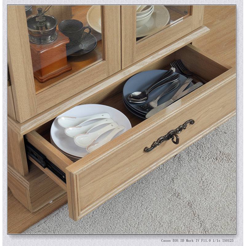 Oak Glass Cabinet with Adjustable Glass Shelves, 2 Doors, 1 Drawer And Light, Oak