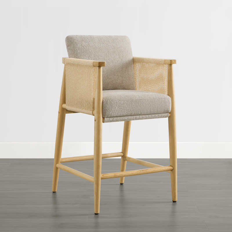 Upholstered Counter Stools with Hand-Woven Rope Arms, Gray