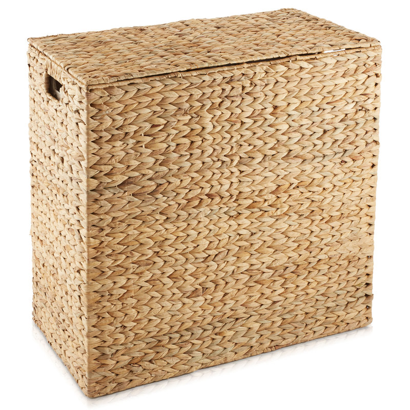 Casafield Laundry Hamper with Lid, 2-Section Water Hyacinth Laundry Basket, Tan