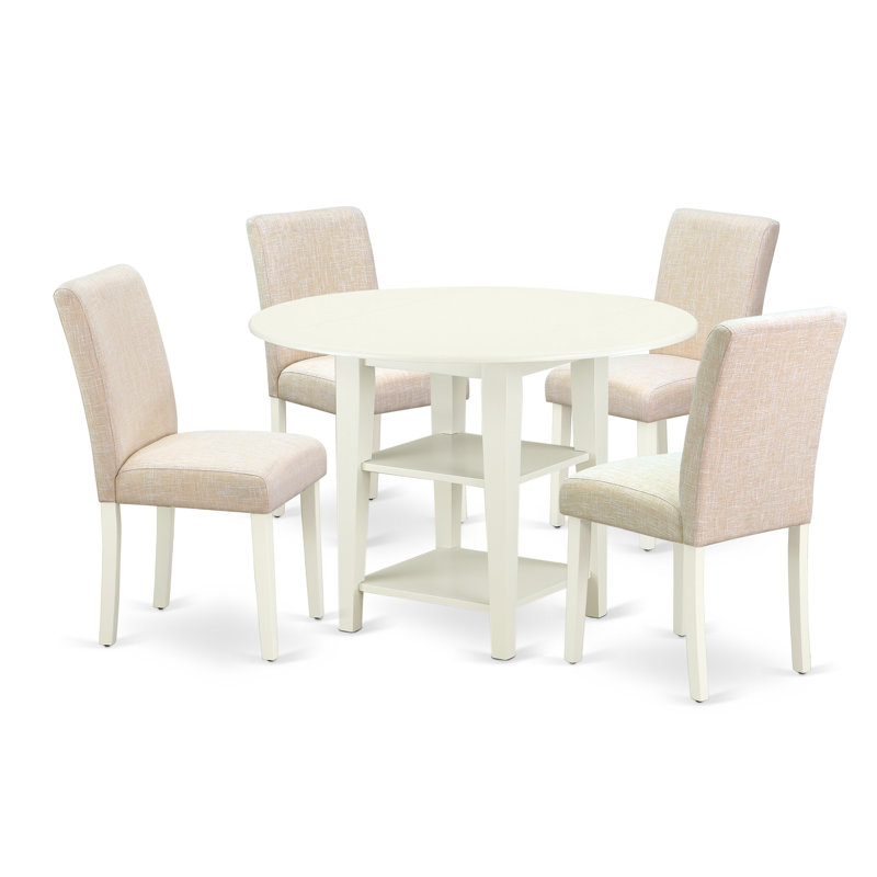 L'ensemble de table de cuisine 5 pièces comprend une table de salle à manger ronde avec des feuilles et des tablettes et 4 chaises rembourrées en tissu de lin beige clair, lin blanc