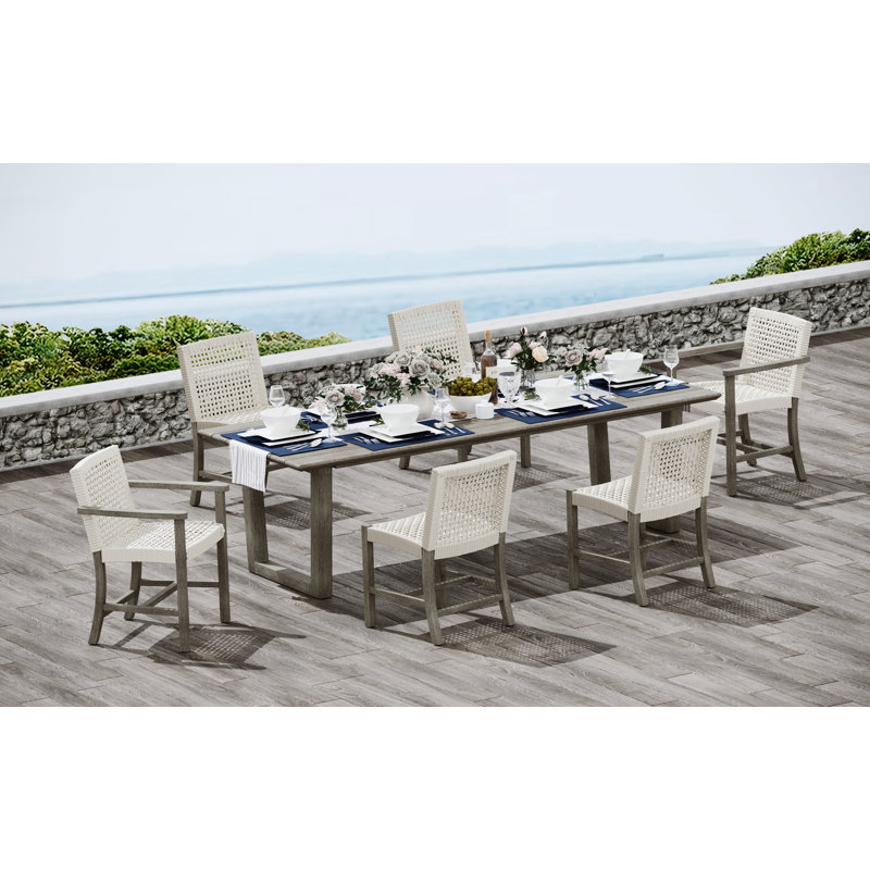 6 Seats 7 Pcs Grade-A Weathered Teak Wood Dining Set: 98" Sema Rectangle Table  And 6 Alsoi Chairs (2 Arm & 4 Armless Chairs) #11AI3302