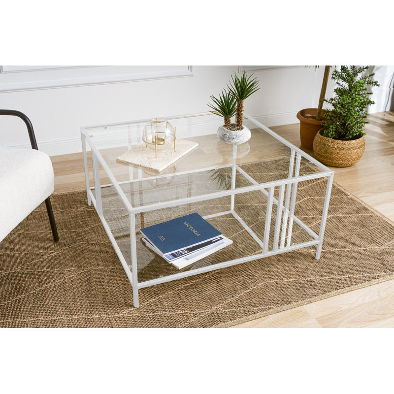 Modern Tempered Glass Coffee Table, 100% Tempered Clear Glass Top, 0.16-inch Thickness | Sturdy Metal Frame with 0.6-inch Legs | Stylish White & Transparent Design for Contemporary Living Rooms
