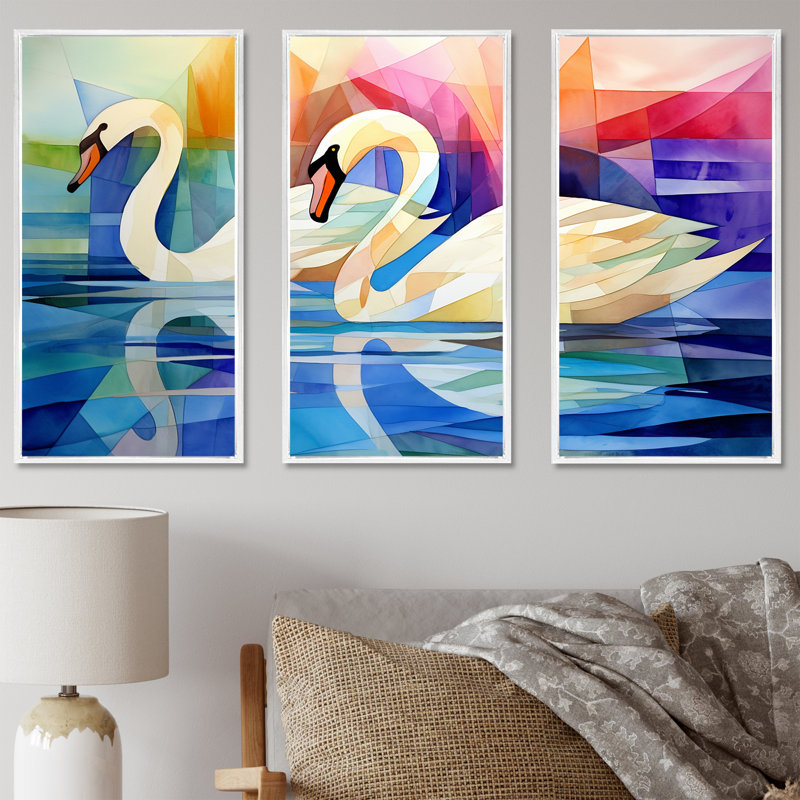 Cubique cygne, sonate, mélodie - ensemble d'art mural animaux cygnes, Cadre flottant blanc, H 40 po x l 60 po