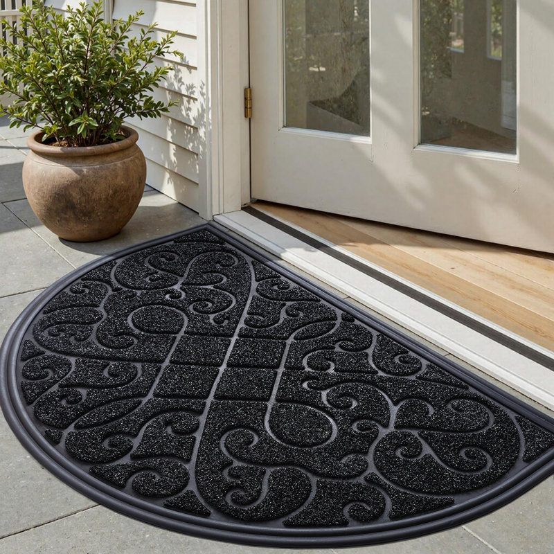Half Round Door Mat ,Floral Non-Slip Decorative Low-Profile Half Circle Welcome Mat For Entrance, Black, 15" W x 24" L