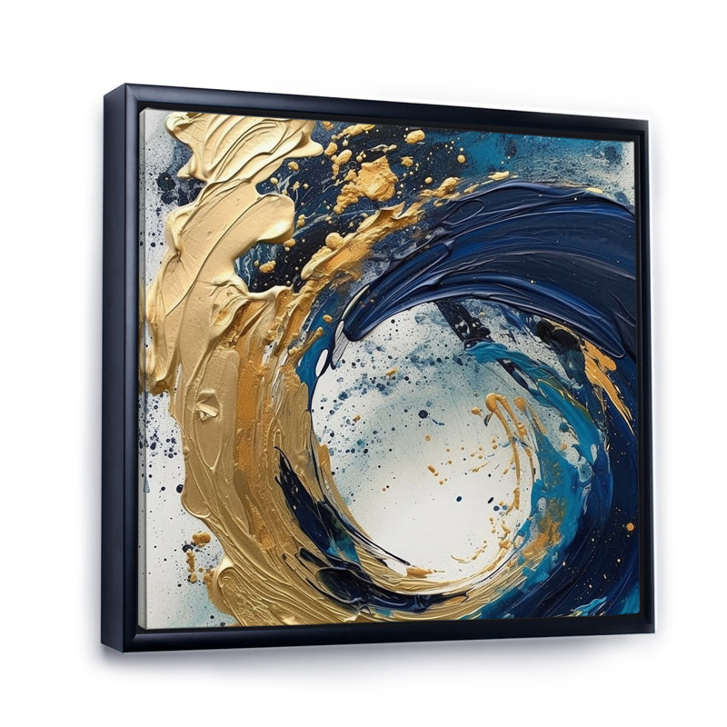 Art mural abstrait bleu foncé et or VI - VI, H 36 po x l 36 po x P 1,5 po, Cadre flottant noir