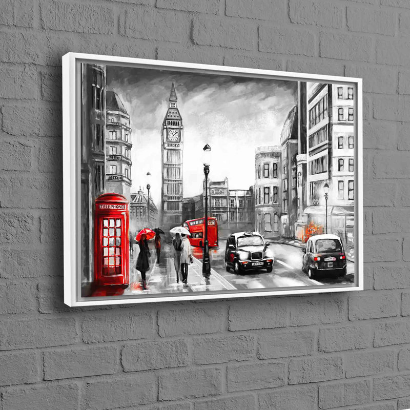 London-Inspired Telephone Box and Big Ben Landscape Art on Canvas for Abstract Wall Decor, White Floater Framed