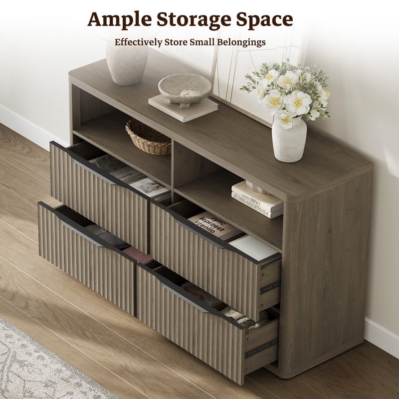  56.5"W Modern Fluted 4-Drawer Dresser With 2 Large Open Storage, Gray Alder