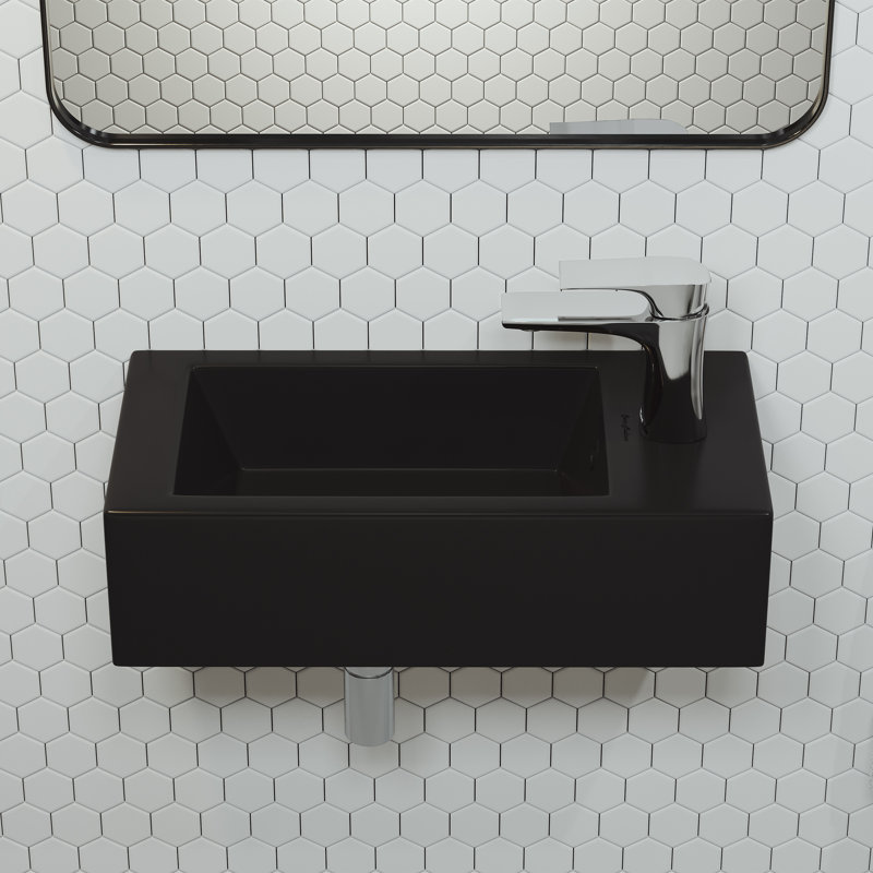 Lavabo mural rectangulaire en céramique avec fixation pour robinet Voltaire, Noir mat, Fixation de robinet à droite