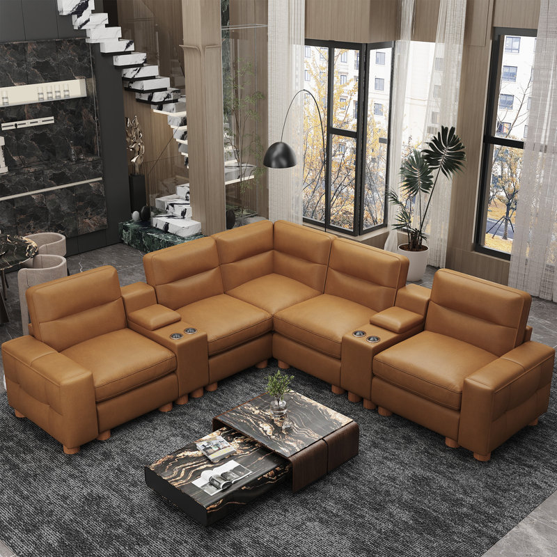 Modern Oversize 119" L-shaped Symmetry Genuine Leather Sofa With Solid Legs、 Storage End Tableand And Removable Square Armrests