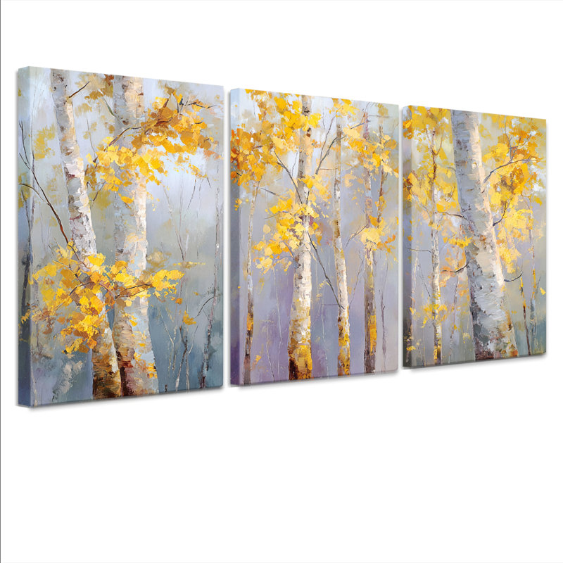 Golden Birch Trees, reproduction d'art sur toile tendue sur toile (ensemble de 3), H 18 po x l 36 po