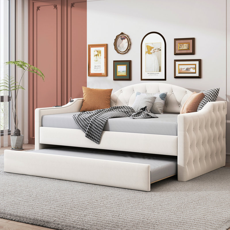 Twin Size Tufted Upholstered Daybed with Trundle, Velvet Sofabed with USB&Type-C Charging Ports, No Box-spring Needed, Beige