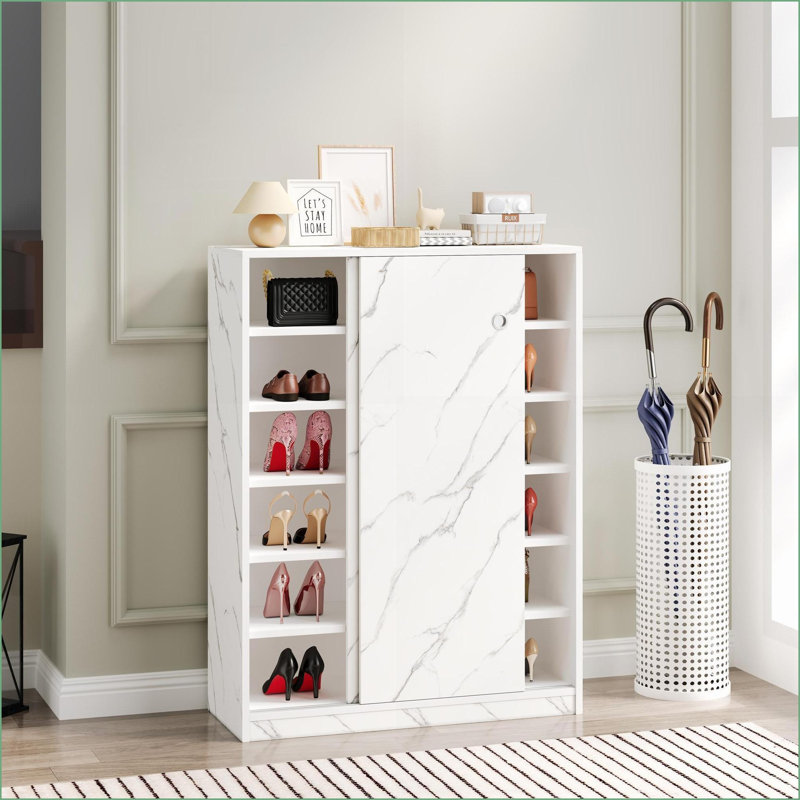 Off-White Shoe Cabinet with Sliding Door, 6 Layers Stores 30+ Pairs | Particle Board | Minimalist Entryway, White