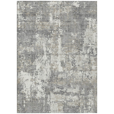 10' X 14' Gray And Ivory Abstract Washable Indoor Outdoor Area Rug