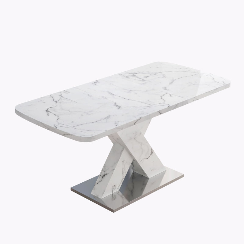 Stretchable Dining Table,X-Shape Table Leg with Metal Base (, White, White