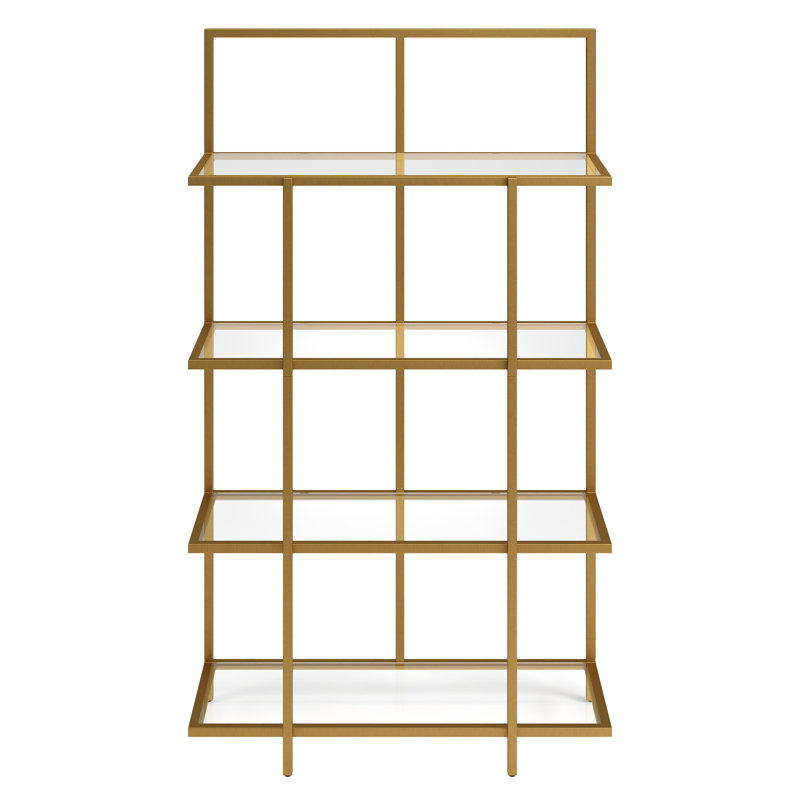 Ingels 62"H 4-Tier Metal Glass Tall Rectangular Bookcase in Brass, Brass
