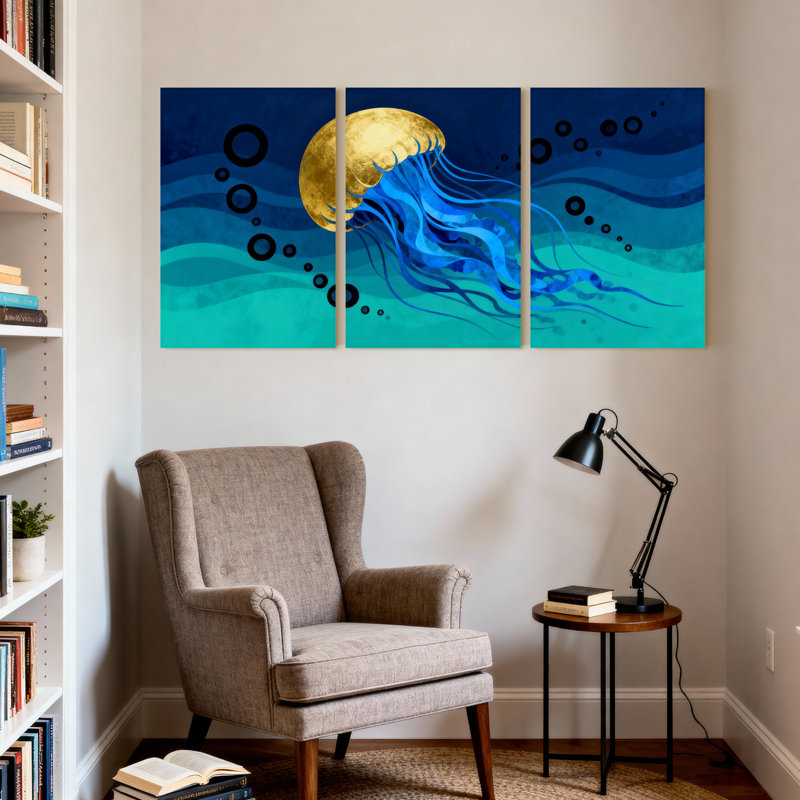 Ensemble de 3 impressions sur toile, "Golden Jellyfish Blue Ocean Waves Bubbles", H 18 po x l 36 po