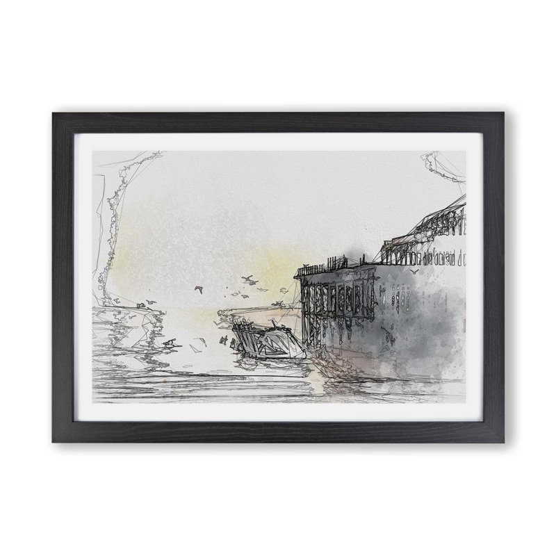 The West Pier on Brighton Beach - Framed Print, 62cm H x 87cm W x 2cm D, Black